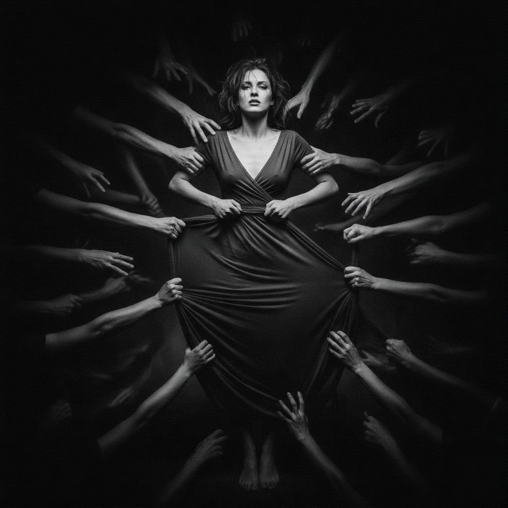 Mulher cercada por mãos representando pressões externas e padrões invisíveis