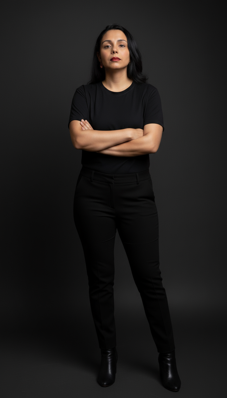 Mulher em postura confiante e assertiva representando liderança corporal